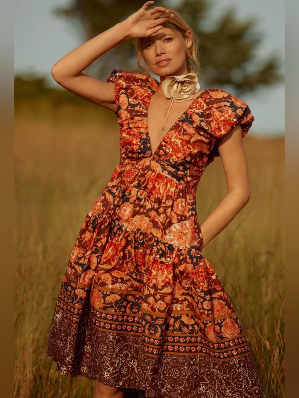 Anthropologie printed V-Neck Romantic Boho babydoll dress size 8